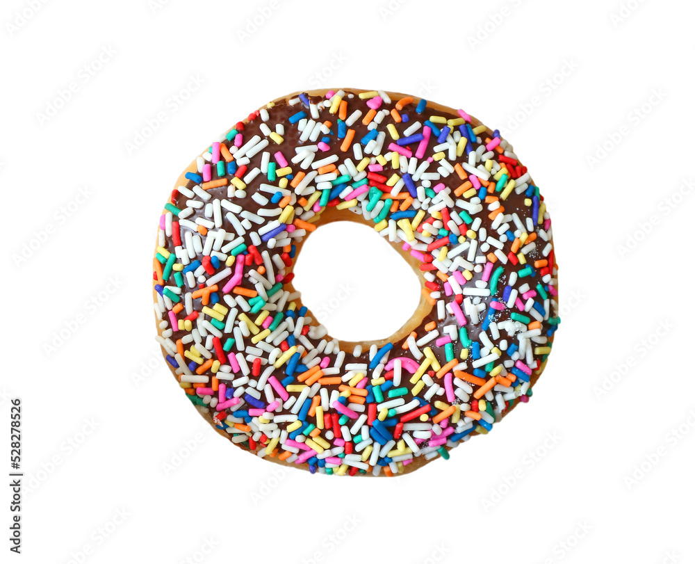 Chocolate glazed doughnuts with colorful sprinkles on transparent background, png file