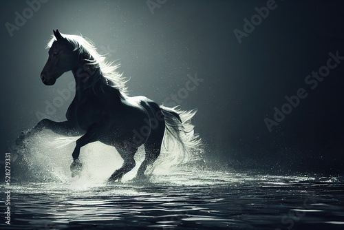 Fototapeta Beautiful Black horse galloping in a river landscape