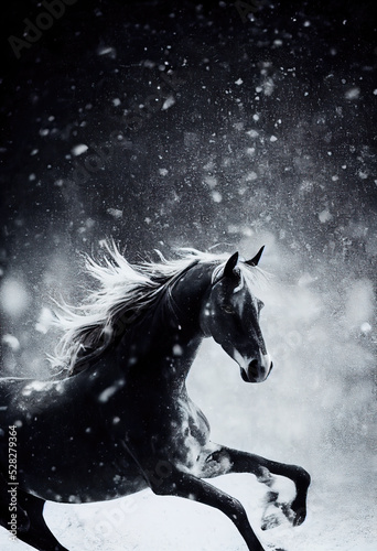 Fotografia Beautiful Black horse galloping in a snowy landscape