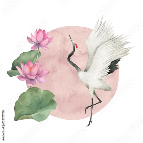 Obraz Watercolor crane with flower lotus. Japanese design. Hand drawn illustration