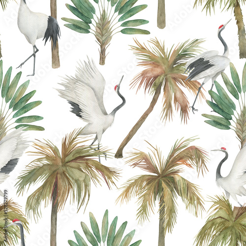 Watercolor seamless pattern with crane and palm trees. Traditional design. Hand drawn illustration on white background