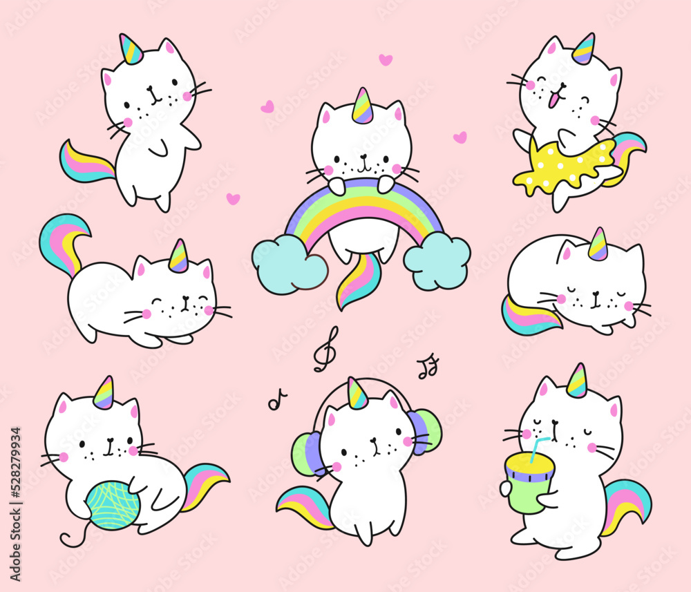 Obraz premium Cat unicorn. Kawaii cats, fun unicorns kitty characters. Pastel cute animals with rainbow and drinks, dreaming caticorn pet baby nowaday vector stickers