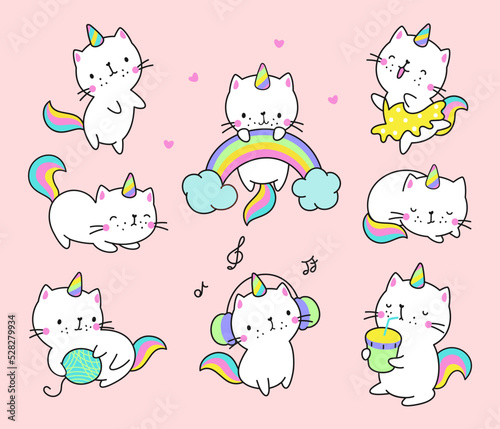 Cat unicorn. Kawaii cats, fun unicorns kitty characters. Pastel cute animals with rainbow and drinks, dreaming caticorn pet baby nowaday vector stickers