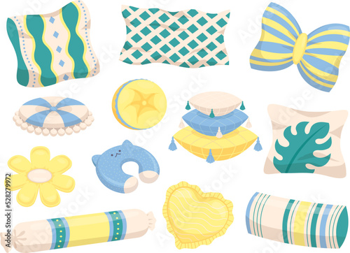 Home pillows. Cartoon interior pillow, isolated traveller and home accessories. Bright stylish cushions, orthopedics bed elements. Racy creative decor vector set