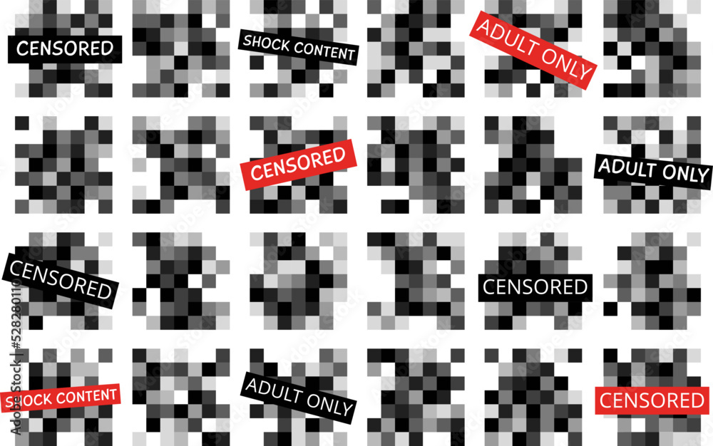 Censored pixel blur squares for tv or social media. Pixelated blurring effects for image video censor. Black mosaic graphic badges, decent censorship vector element Censored pixel blur squares for tv or social media. Pixelated blurring effects for image video censor. Black mosaic graphic badges, decent censorship vector element