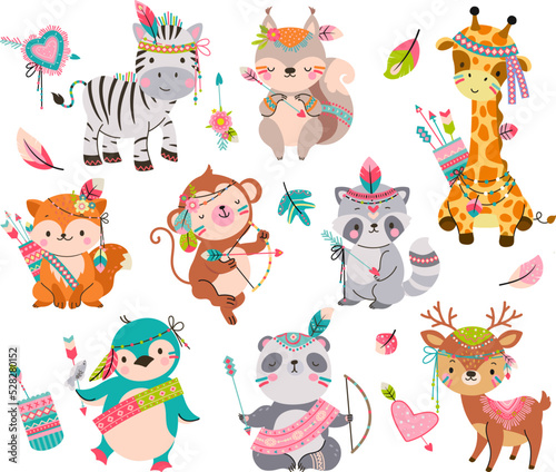 Fototapeta Naklejka Na Ścianę i Meble -  Cartoon tribal animals. Wild cute animal with arrows. Boho style fox, raccoon and penguin. Woodland baby characters, adorable childish nowaday vector clipart