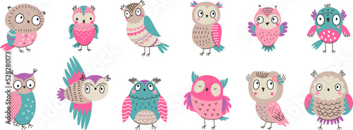 Cartoon owl characters. Cute owls set, spring forest birds. Happy wild animal and owlet. Boho style bird with wings with pattern, nowaday bright vector set