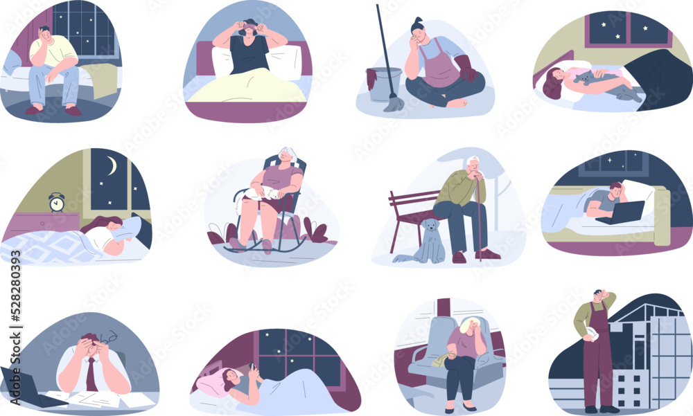 Fototapeta premium Exhausted people set. Office tired worker, sleep on working, at public transport, in bed. Workload and pressure home, stress and burnout kicky vector scenes