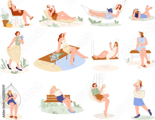 Female outdoor vacations. Tourist on terrace, woman seasonal activities. Drink and relax on nature, enjoy landscape and sea kicky vector scenes