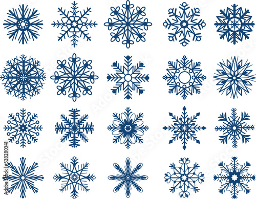 Isolated snowflakes silhouettes and ice crystals. Xmas snowflake sticker template, christmas snow icons. Winter decent frozen vector graphic design