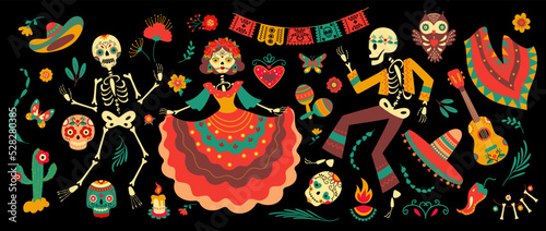 Day of dead mexico festival elements. Mexican sugar skulls and dancing skeletons in traditional dresses and flowers. Nowaday dia de los muertos vector set