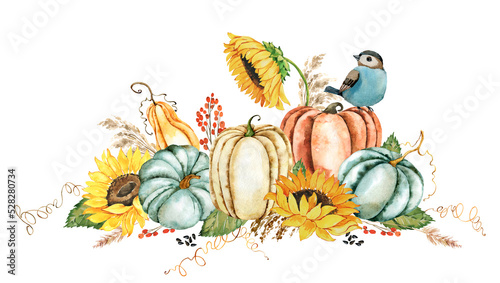 Pumpkin, gourd, squash and dried grass arrangement. Fall boho style watercolor illustration. Autumn, harvest, thanksgiving card, greeteng, stationery, fall wedding invitation