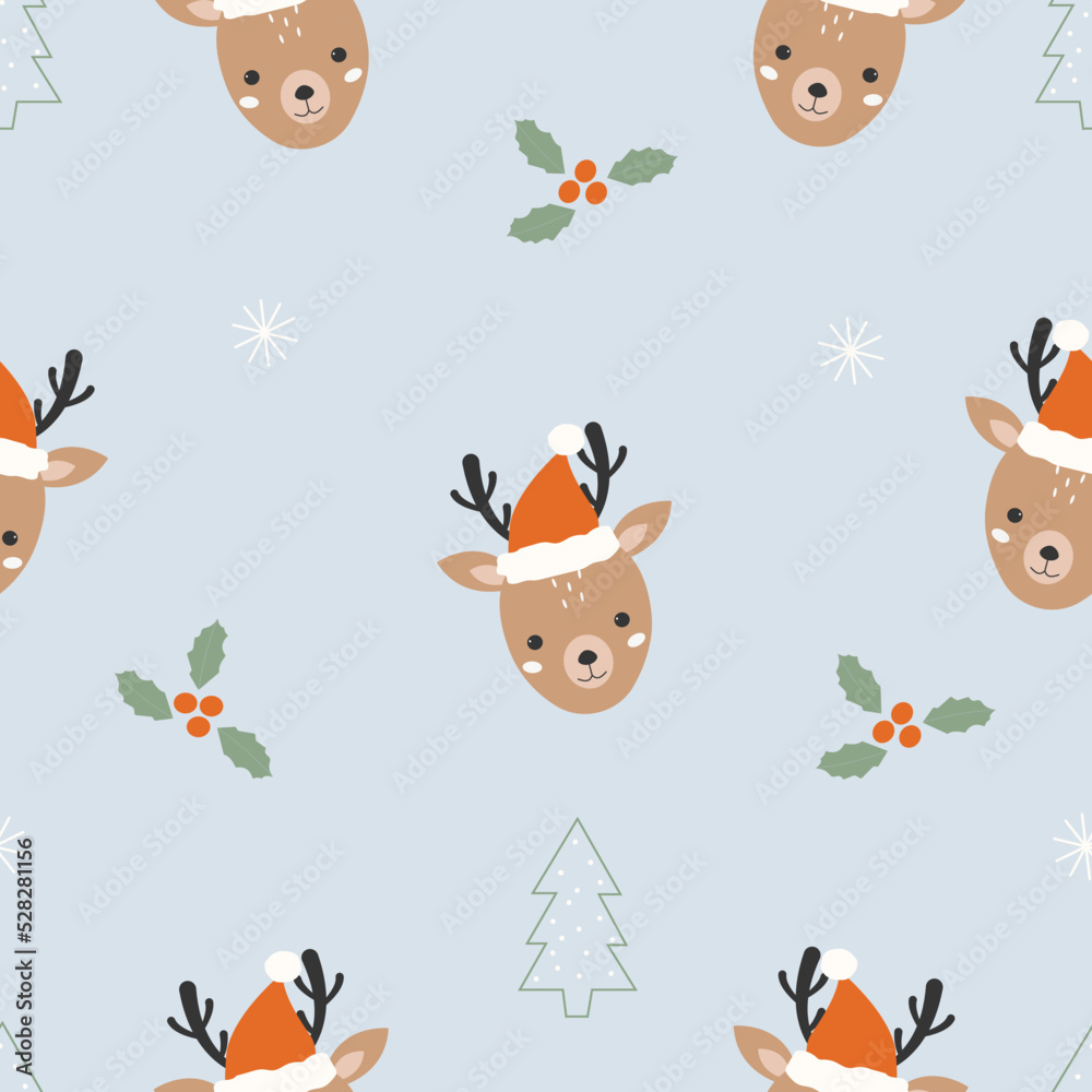 Cute reindeer and Christmas tree seamless pattern. Cartoon reindeer in a Santa Claus hat on a blue background. Forest vector illustration.