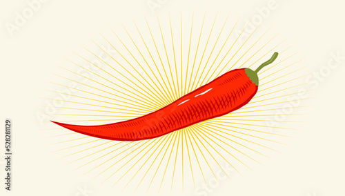 Vector illustration of chilli pepper in engraving style. Vector poster of red chili pepper on vintage background in retro style. Extra spicy food.