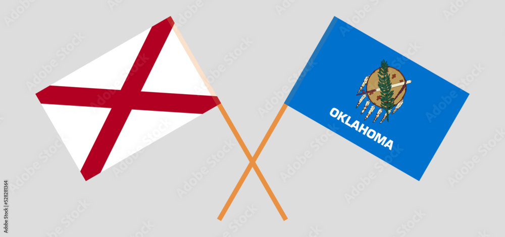 Crossed flags of The State of Alabama and The State of Oklahoma. Official colors. Correct proportion Crossed flags of The State of Alabama and The State of Oklahoma. Official colors. Correct proportion