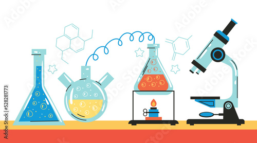 Laboratory science chemical experiment test workplace abstract concept. Vector graphic design element illustration