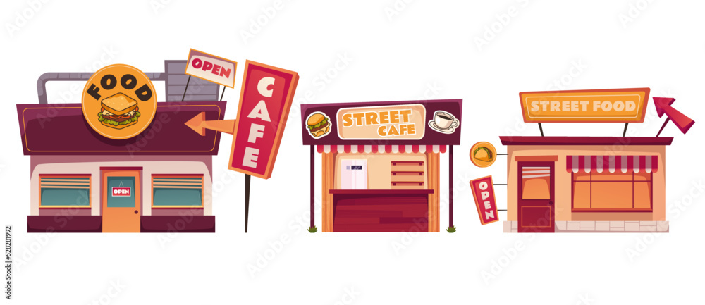 Street cafe shop bistro fast food facade isolated set collections. Vector graphic design element illustration
