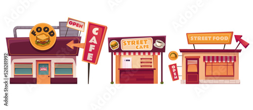 Street cafe shop bistro fast food facade isolated set collections. Vector graphic design element illustration
