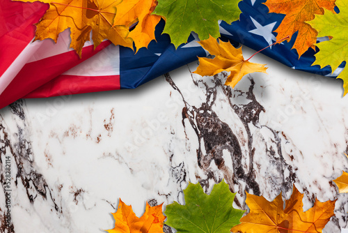 fall leaves sit on on American flag