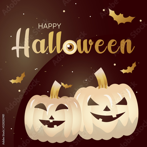 Gold pumpkin Halloween banner. Bats, web an moon on background. Vector illustration