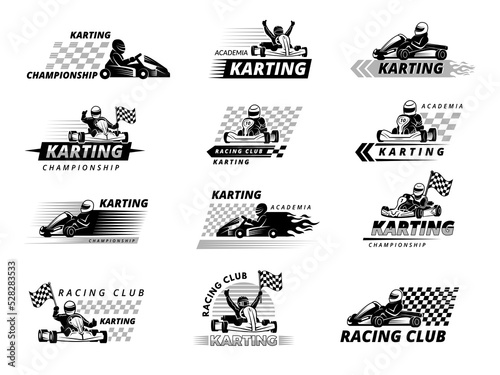 Race karting. Fast extreme sport cars emblems and badges collection isolated on white recent vector template logos