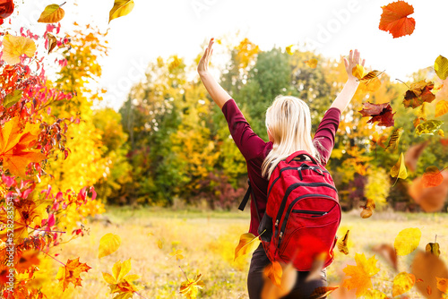 a young woman in a red sweater sits under an oak tree in an autumn forest on a sunny day, a bouquet of yellow maple leaves in her hands, autumn mood, I love autumn