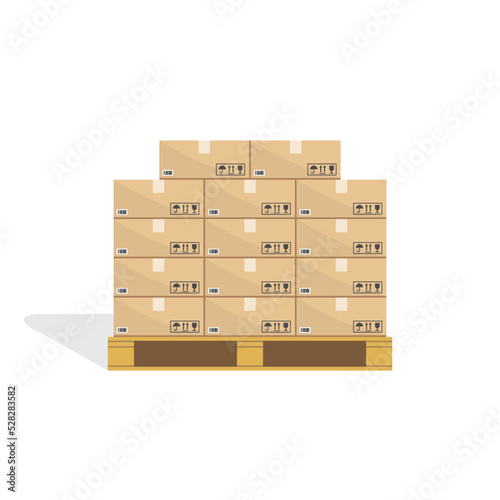 Cardboard boxes on wooden pallets. Carton parcel for storage and cargo with barcode and pictograms and text stickers. Cargo box isolated on white background. © Sergey