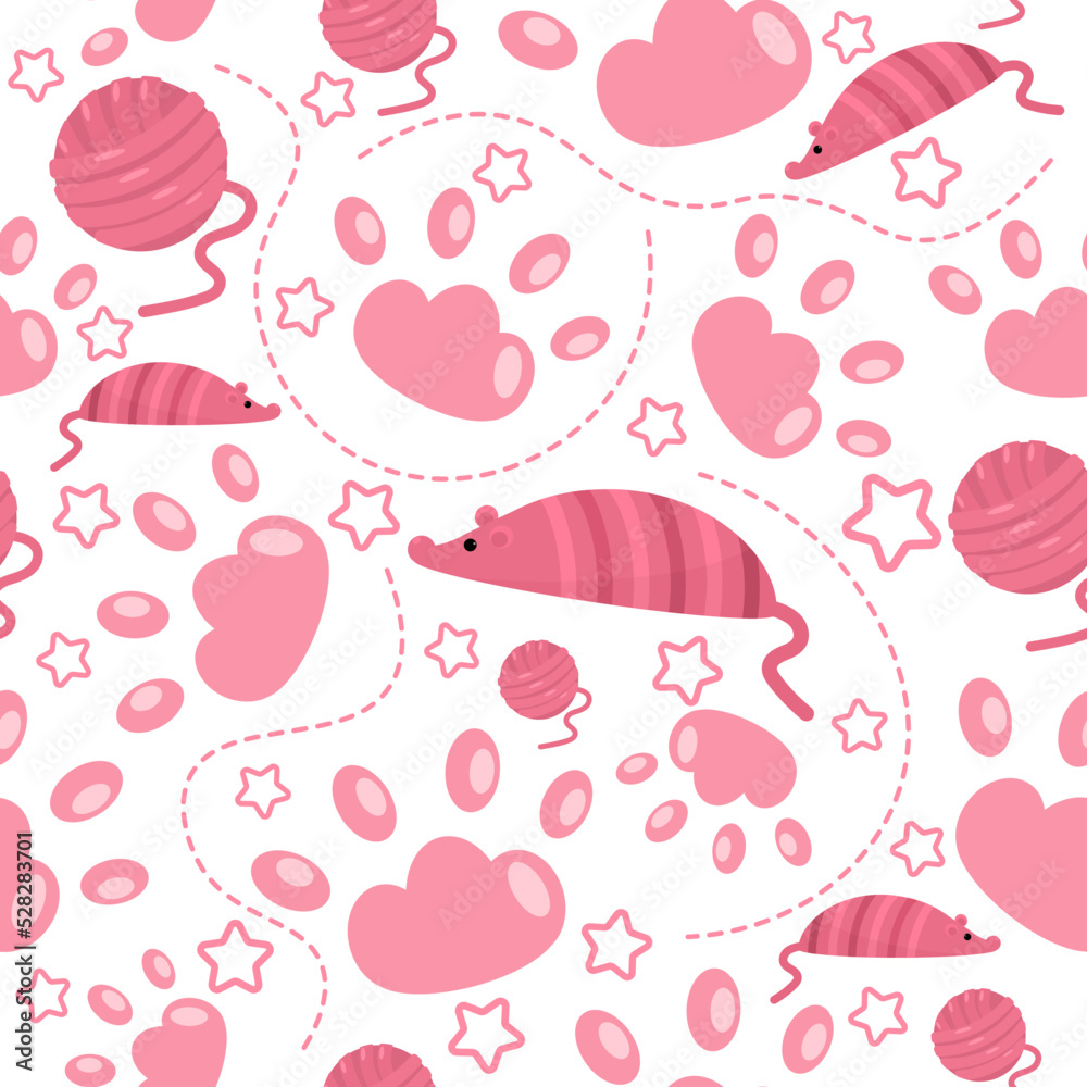 Seamless pattern with cute cats stuff and toys. Illustration in pink colors. Kid's cute pattern. Bright and positive colors. White background. Seamless pattern with cute cats stuff and toys. Illustration in pink colors. Kid's cute pattern. Bright and positive colors. White background.