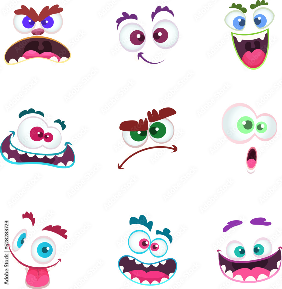 Monster faces. Crazy avatar funny character emoticons with eyes and toothy mouths cartoon monsters face collection