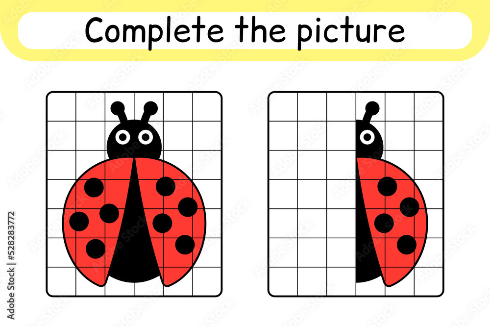 Obraz premium Complete the picture ladybug. Copy the picture and color. Finish the image. Coloring book. Educational drawing exercise game for children