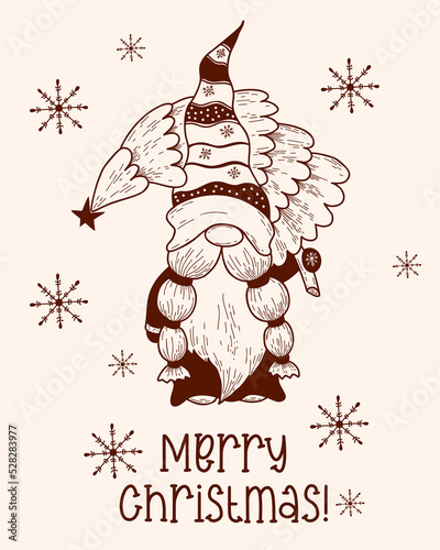 Cute Gnomes Santa Claus. Winter character gnome with christmas tree. Vector illustration, hand drawn doodle. Merry Christmas greeting card