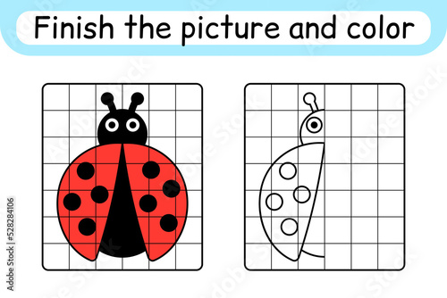 Complete the picture ladybug. Copy the picture and color. Finish the image. Coloring book. Educational drawing exercise game for children