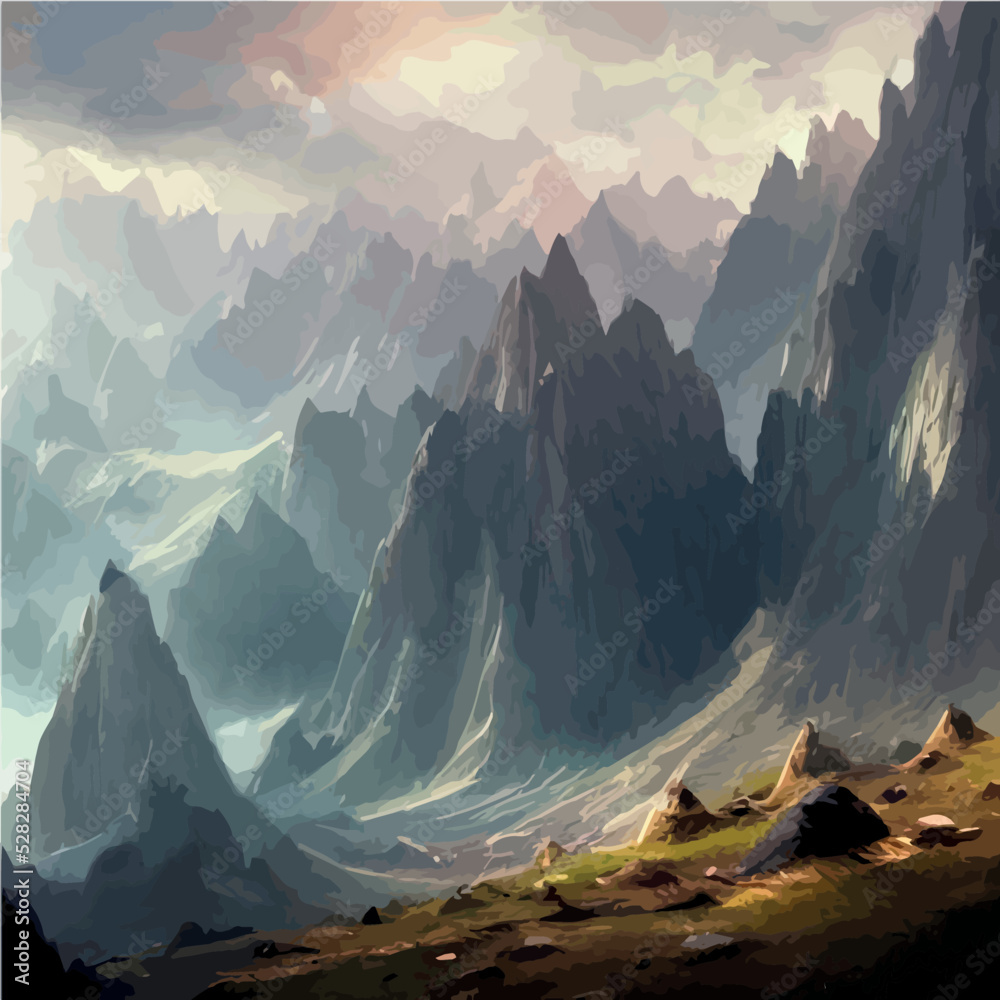 Realistic illustration of a mountain landscape with hills and ...