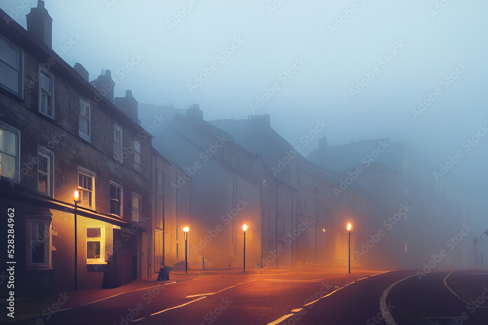 moody foggy uk city background, cornwall, scotland, old stone houses, 3d render, 3d illustration