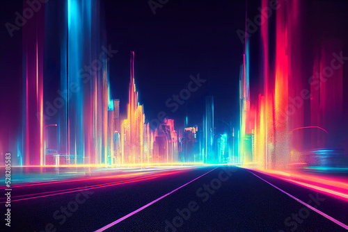 abtract colorful futuristic night city background, tokyo, neon signs, long exposure lights, 3d render, 3d illustration