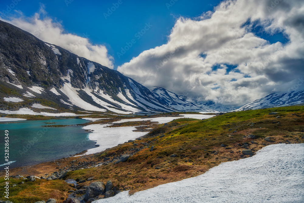 Obraz premium Hastholmen, Norway, snow in the mountains even though it's the month of July 