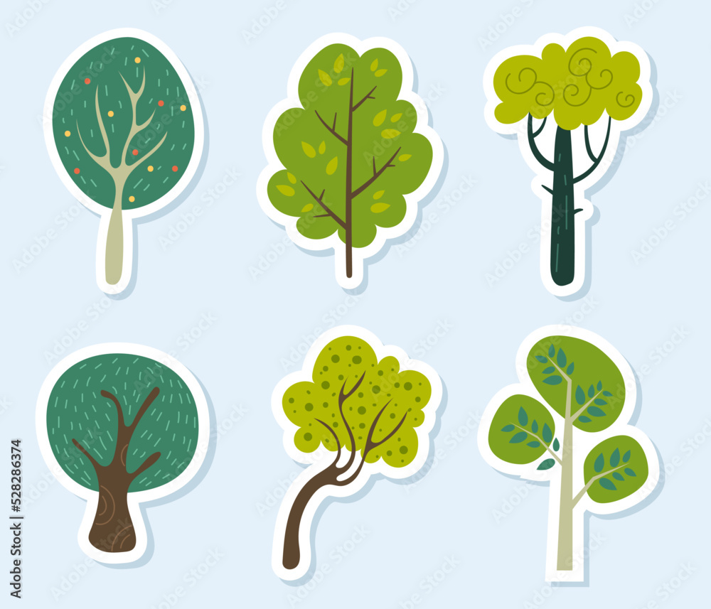 Forest tree stickers nature abstract set collection concept. Design graphic  element vector illustration Stock Vector