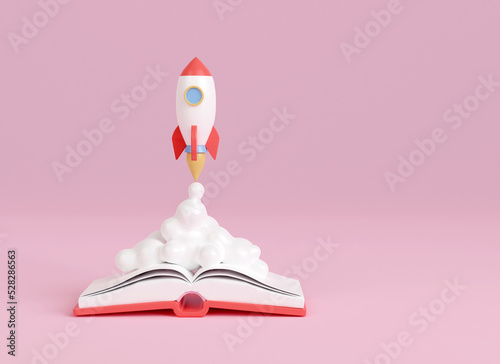 Fototapeta Naklejka Na Ścianę i Meble -  3d rocket up on book on pink background. spaceship icon education to success. business start up innovation. knowledge and school concept. 3d render illustration minimal style. copy space for text.