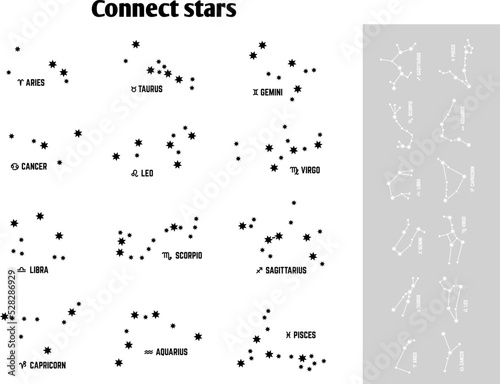Connect stars kids game for study constellations. Star constellation, aurus pesces leo. Children astrology paper play vector template photo