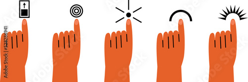 Finger point out on different signs. Hands indicate slider, click, turn knob and press. Modern simple isolated arm vector icons, abstract gestures