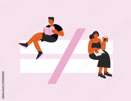 Gender inequality vector concept with man and woman sitting on crossed out equals sign. Female male gender gap, diverse mental intelligence thinking