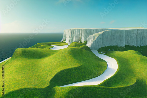 beautiful sunny beach coast, white cliffs, green valley and meadows, ireland landscape background, 3d render, 3d illustration