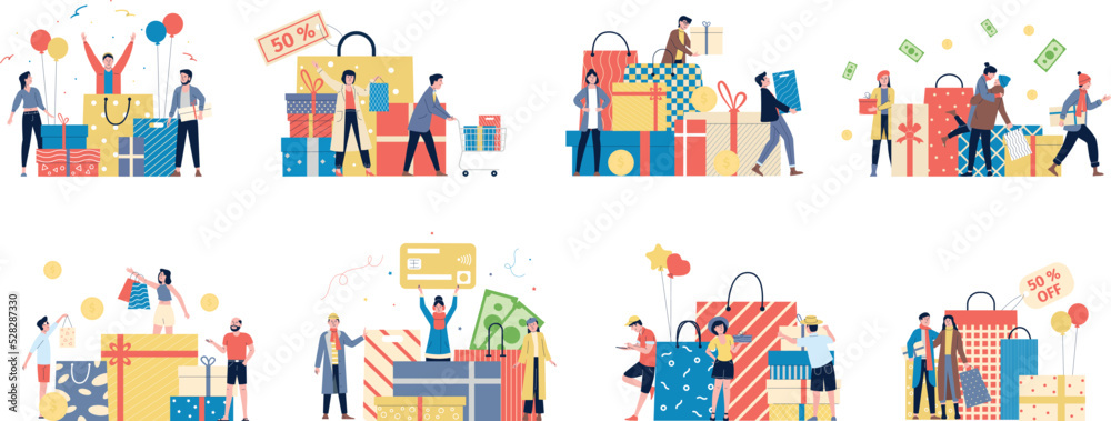 Shopping sale characters concepts. Discount share in store, various seasonal sales. Tiny happy flat people and giant shop boxes and bags, recent vector scenes
