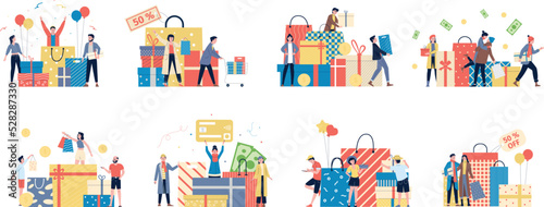 Shopping sale characters concepts. Discount share in store, various seasonal sales. Tiny happy flat people and giant shop boxes and bags, recent vector scenes