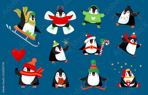 Winter penguins cartoon characters. Penguin family xmas holiday, cute classy flat vector christmas animals with gift, heart balloon and sweets