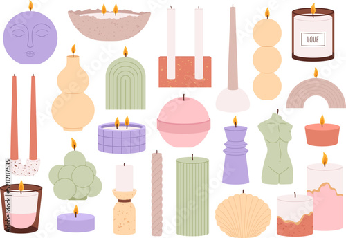 Candles set for spa with fire and wick. Romantic detail, cozy home craft candlelight. Aromatherapy tools, romance decorations racy vector collection