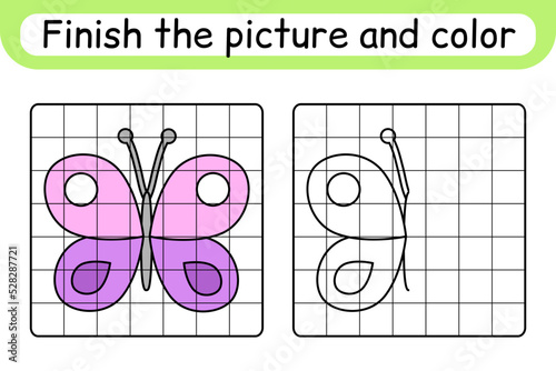 Complete the picture butterfly. Copy the picture and color. Finish the image. Coloring book. Educational drawing exercise game for children