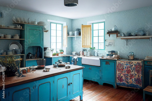 beautiful vintage country cozy kitchen with blue accents, 3d render, 3d illustration