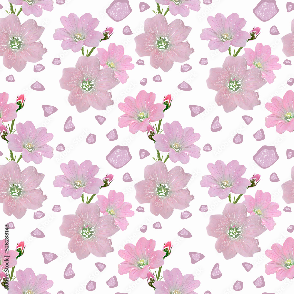 Seamless cute simple floral pattern. Pink flowers on a white background.