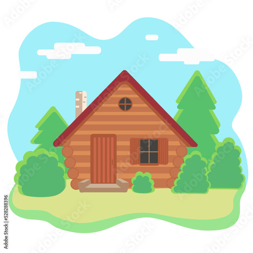 Flat simple illustration of a wooden house in countryside in forest